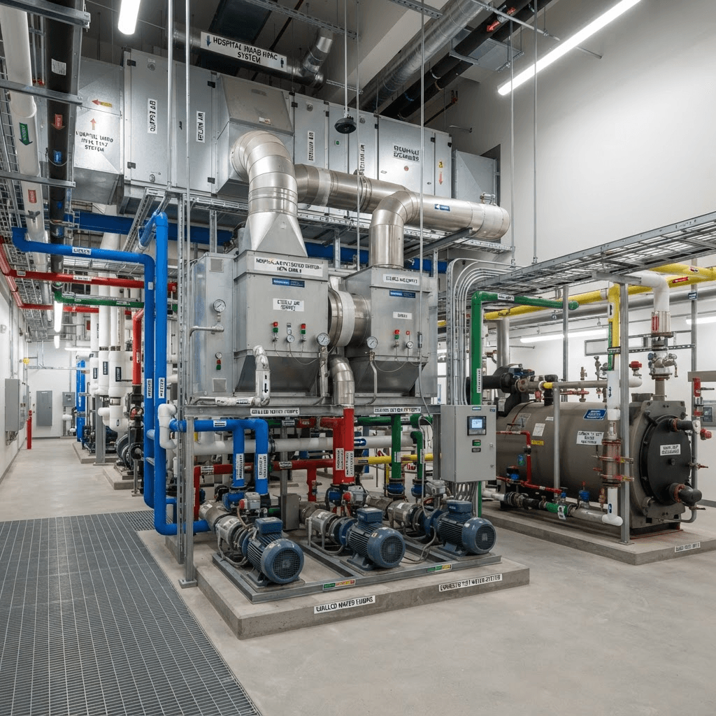 Hospital HVAC plant room with pumps and air handling units