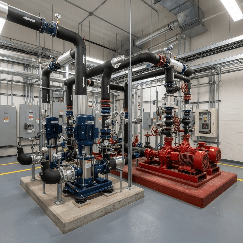 HVAC circulation and fire pump sets in a plant room