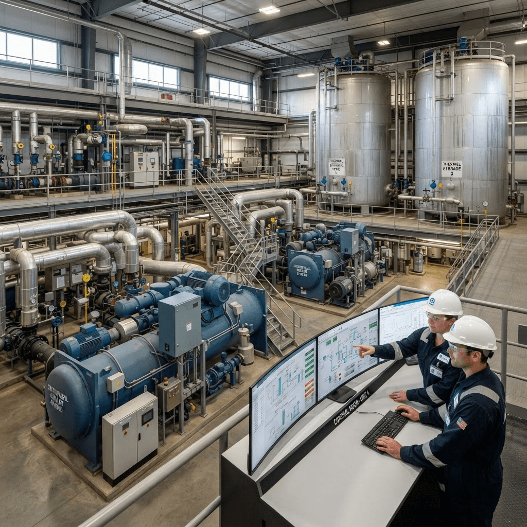 Engineers monitoring a chilled-water plant control room