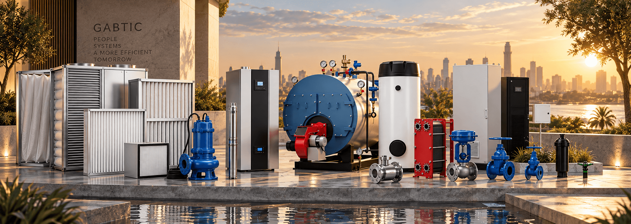 Full Gabtic equipment range — air filters, submersible pumps, boiler, water heater, heat exchanger and valves — on a stone terrace overlooking the city skyline and river at sunset