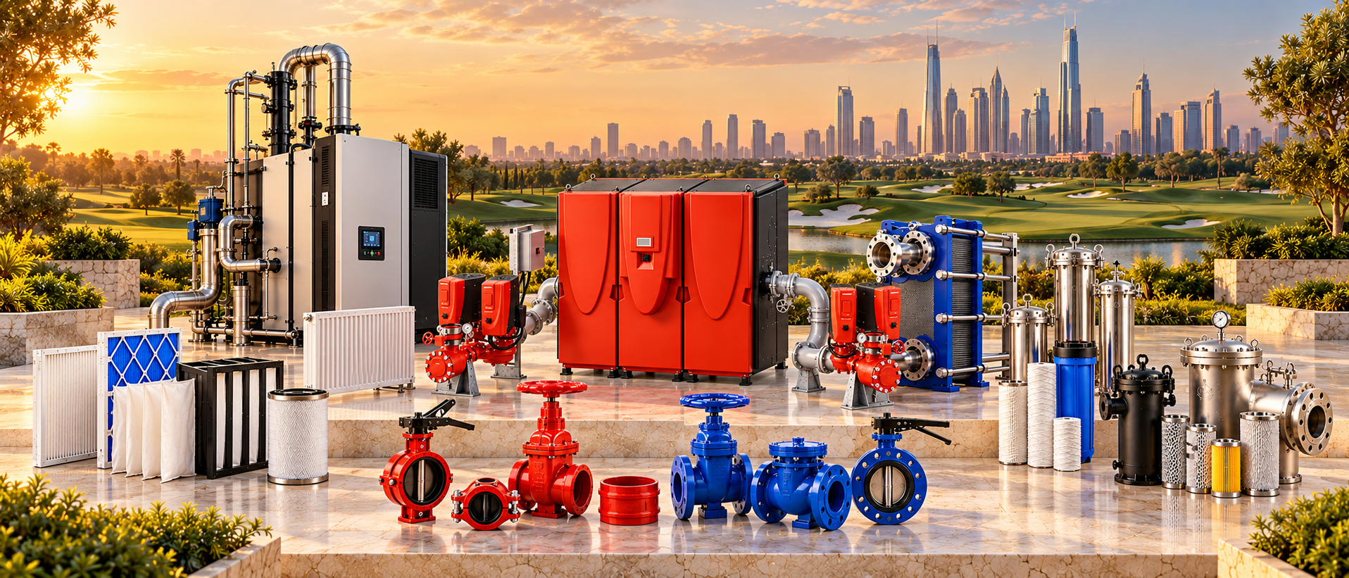Full GABTIC equipment range — heating unit, heat exchangers, pumps, valves and filtration — on a terrace overlooking a golf course and city skyline at sunset
