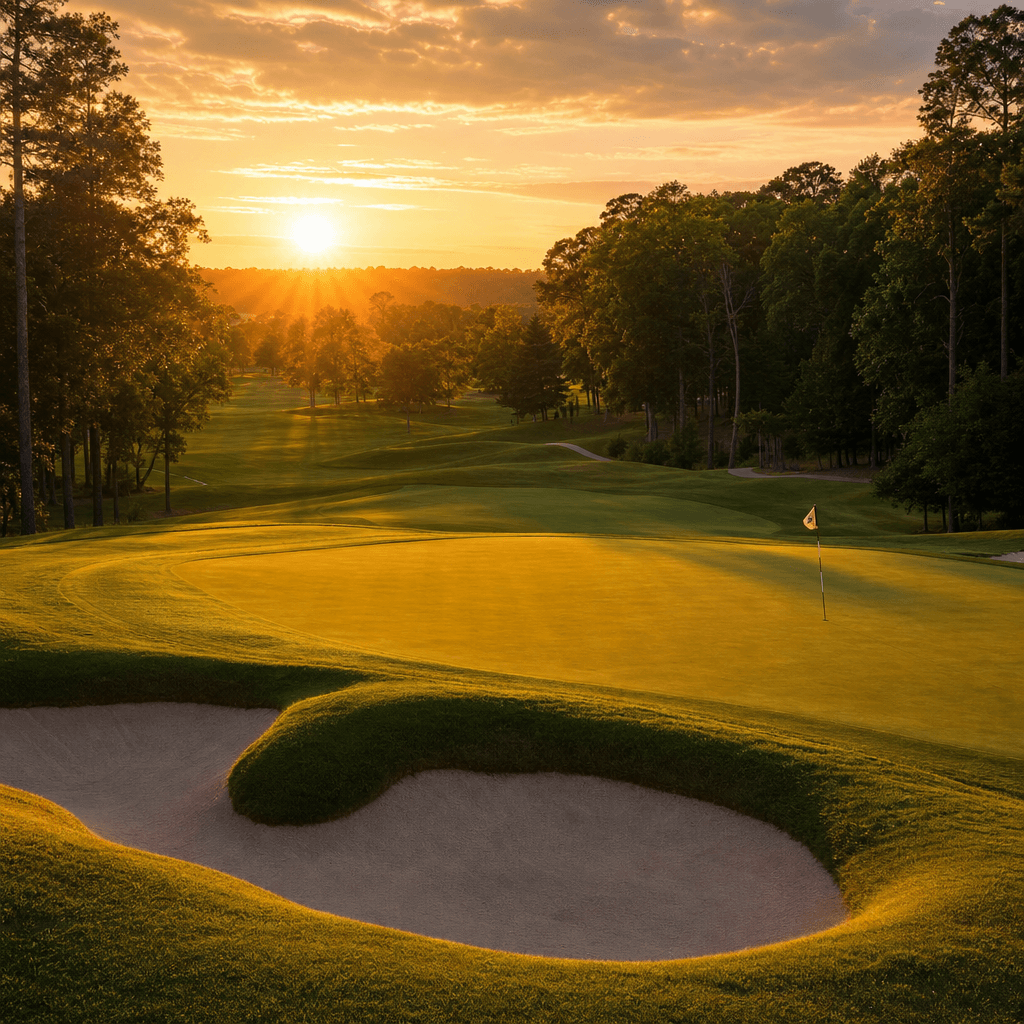 Championship golf course at sunset