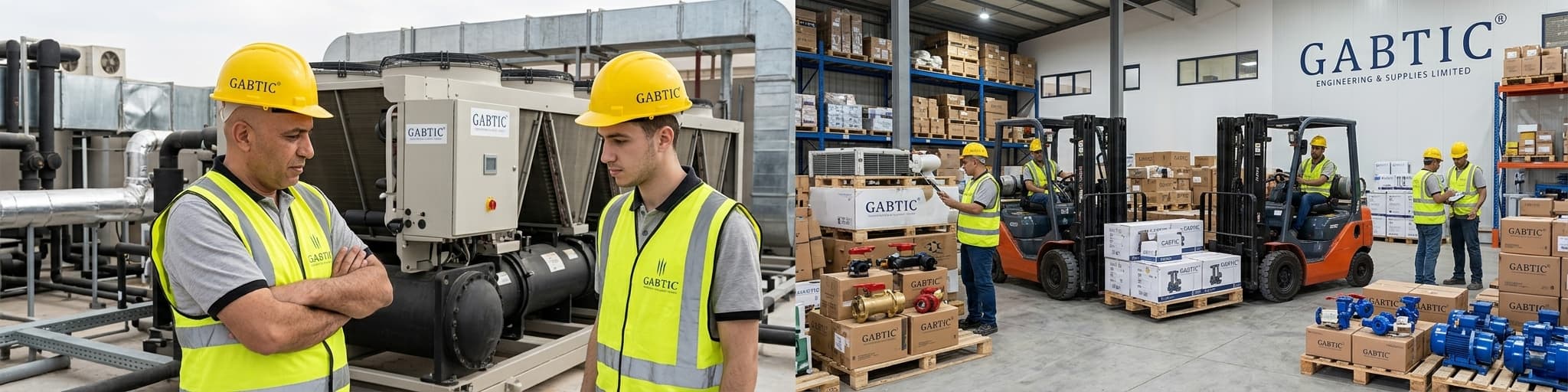 Gabtic engineers inspecting rooftop equipment alongside warehouse staff handling pumps and valves